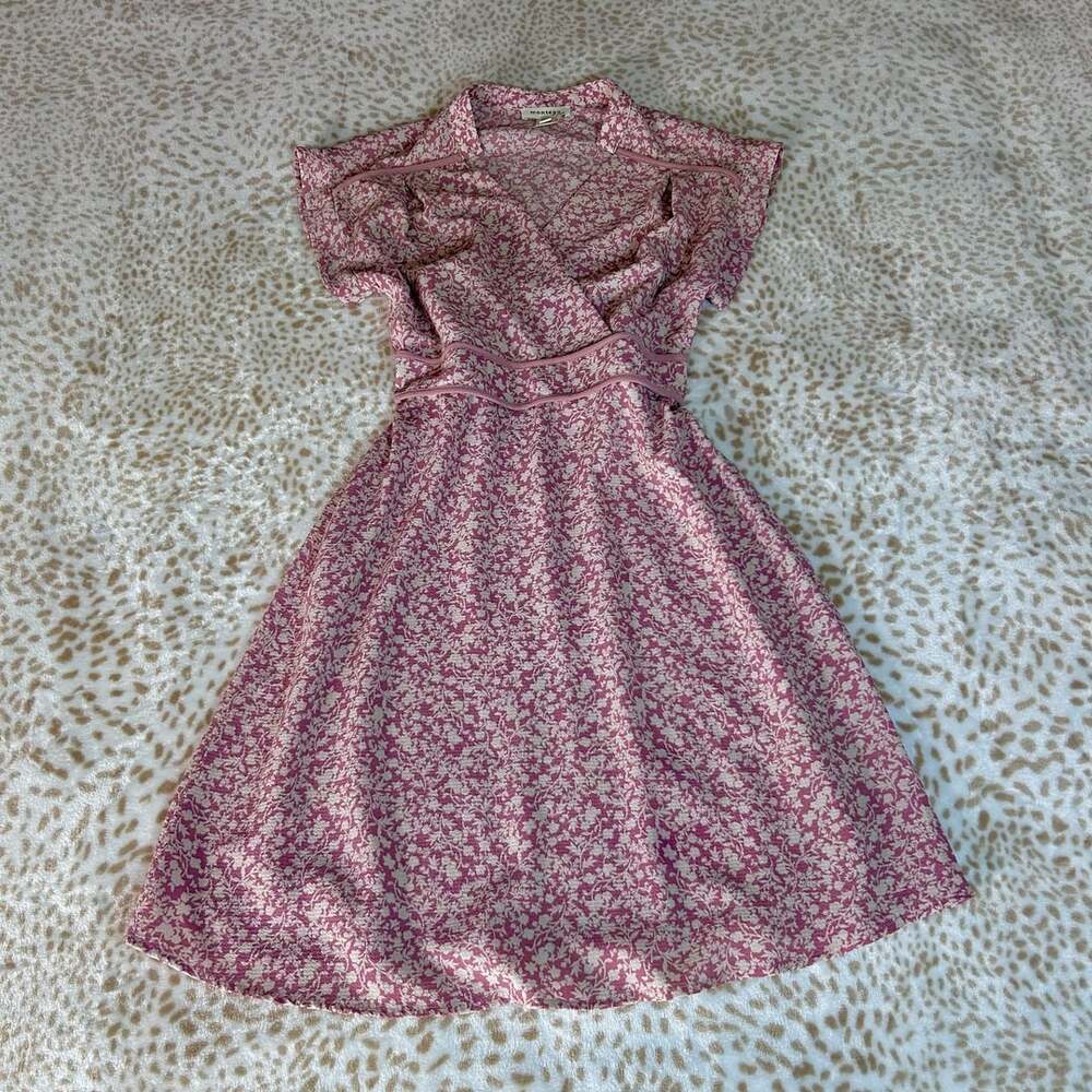 Monteau Floral Dress Size M Pink White Short Sleeve Wrap V-Neck